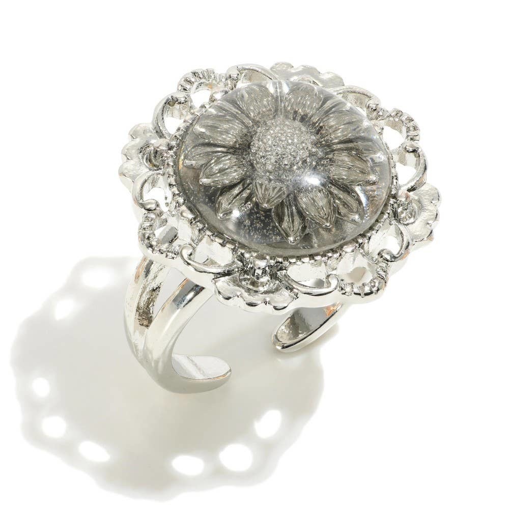 Flower Resin Cuff Ring Silvertone Size 7